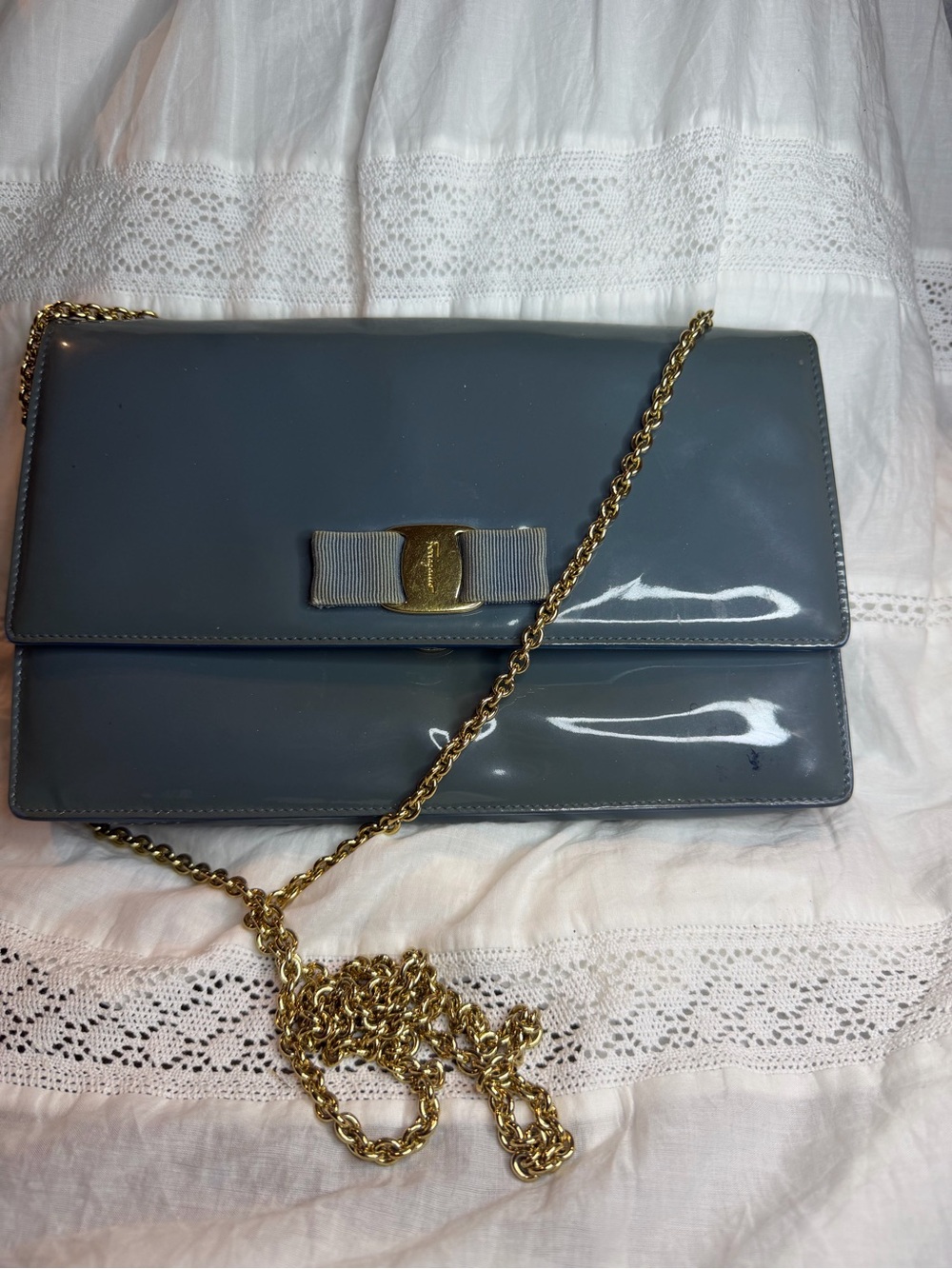 Salvatore Ferragamo Patent Leather Chain Crossbody Bag in Slate Blue